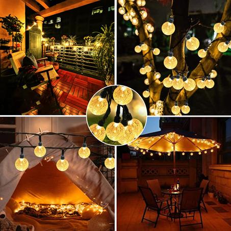 المصابيح  الشمسية الجديدة و الأصلية على شكل كرات كريستال (20 مصباح و حبل بطول 5 متر) - Jaune