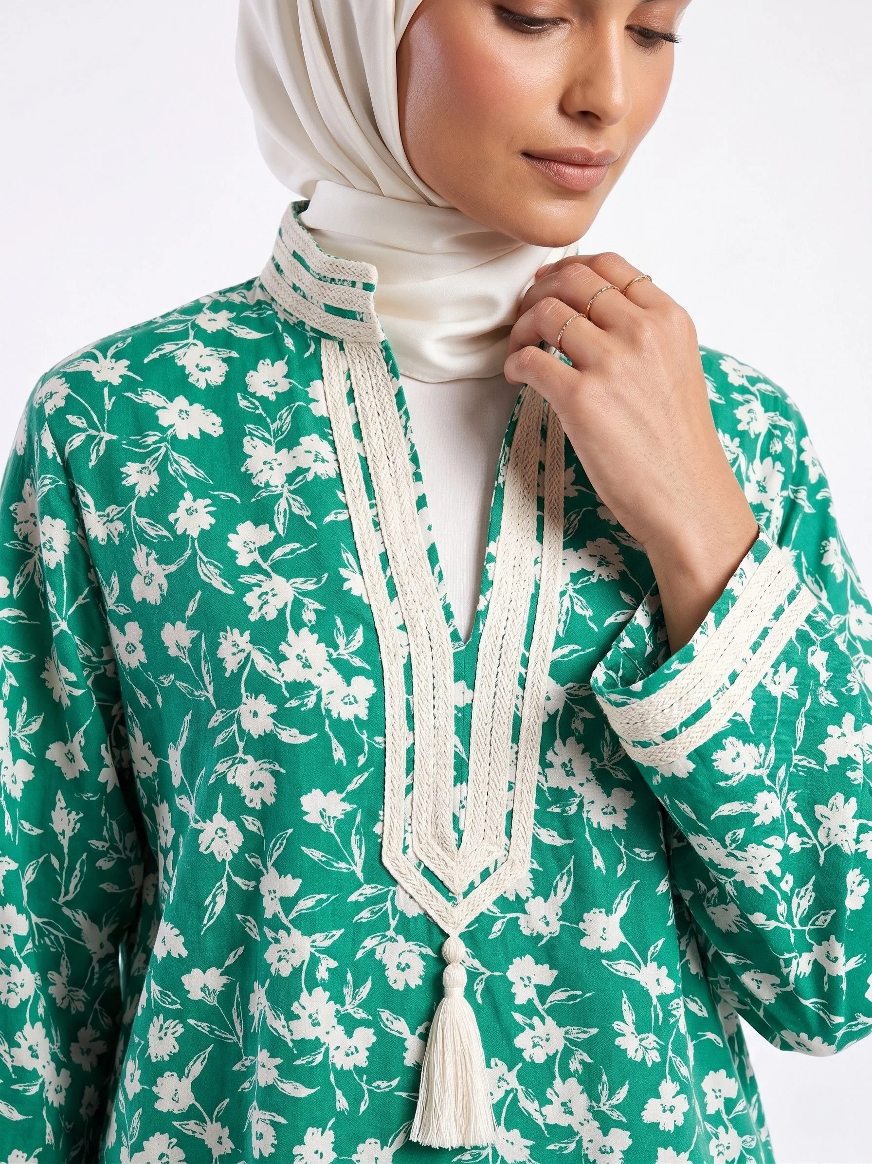 Chemise Coton Imprimé Floral Vert  Finition Sfifa Ivoire