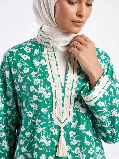 Chemise Coton Imprimé Floral Vert  Finition Sfifa Ivoire