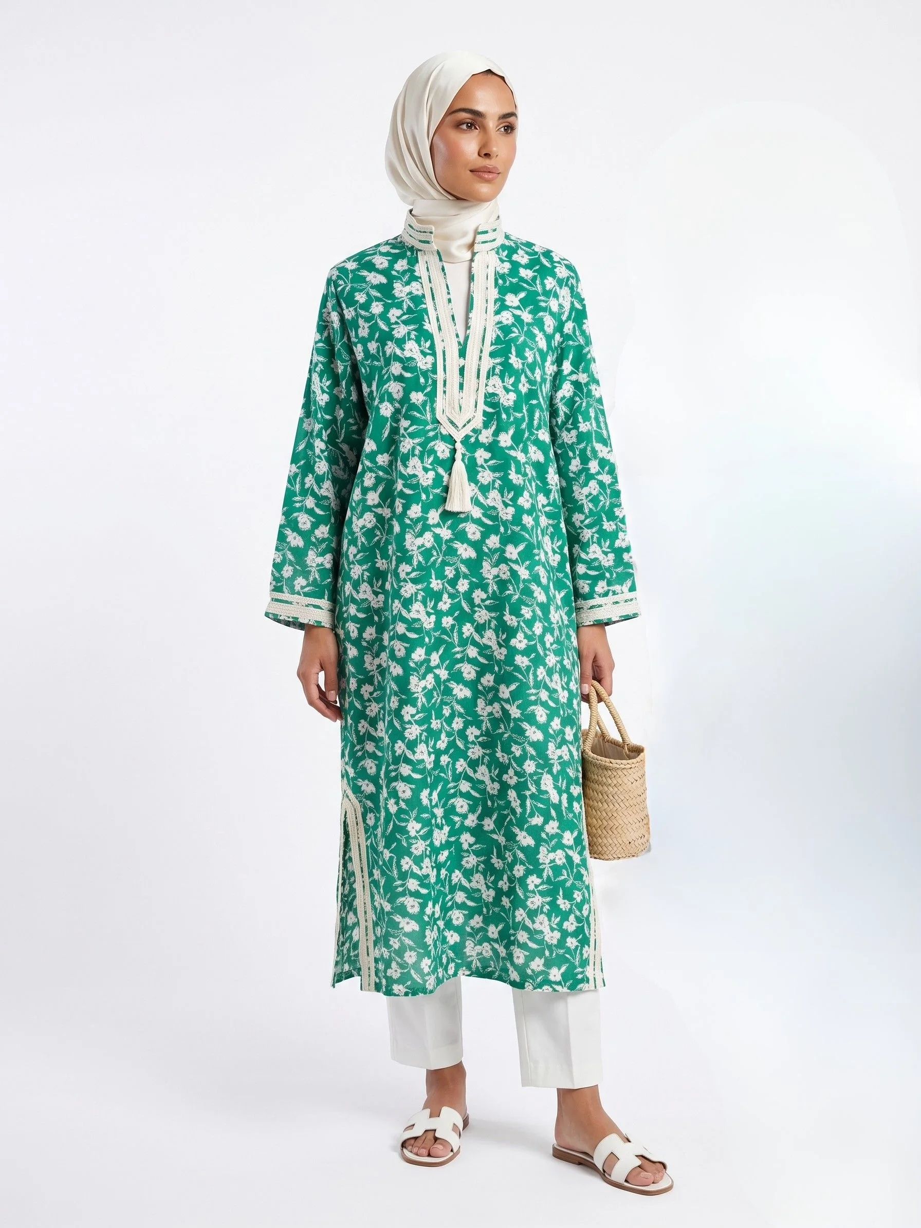 Chemise Coton Imprimé Floral Vert  Finition Sfifa Ivoire