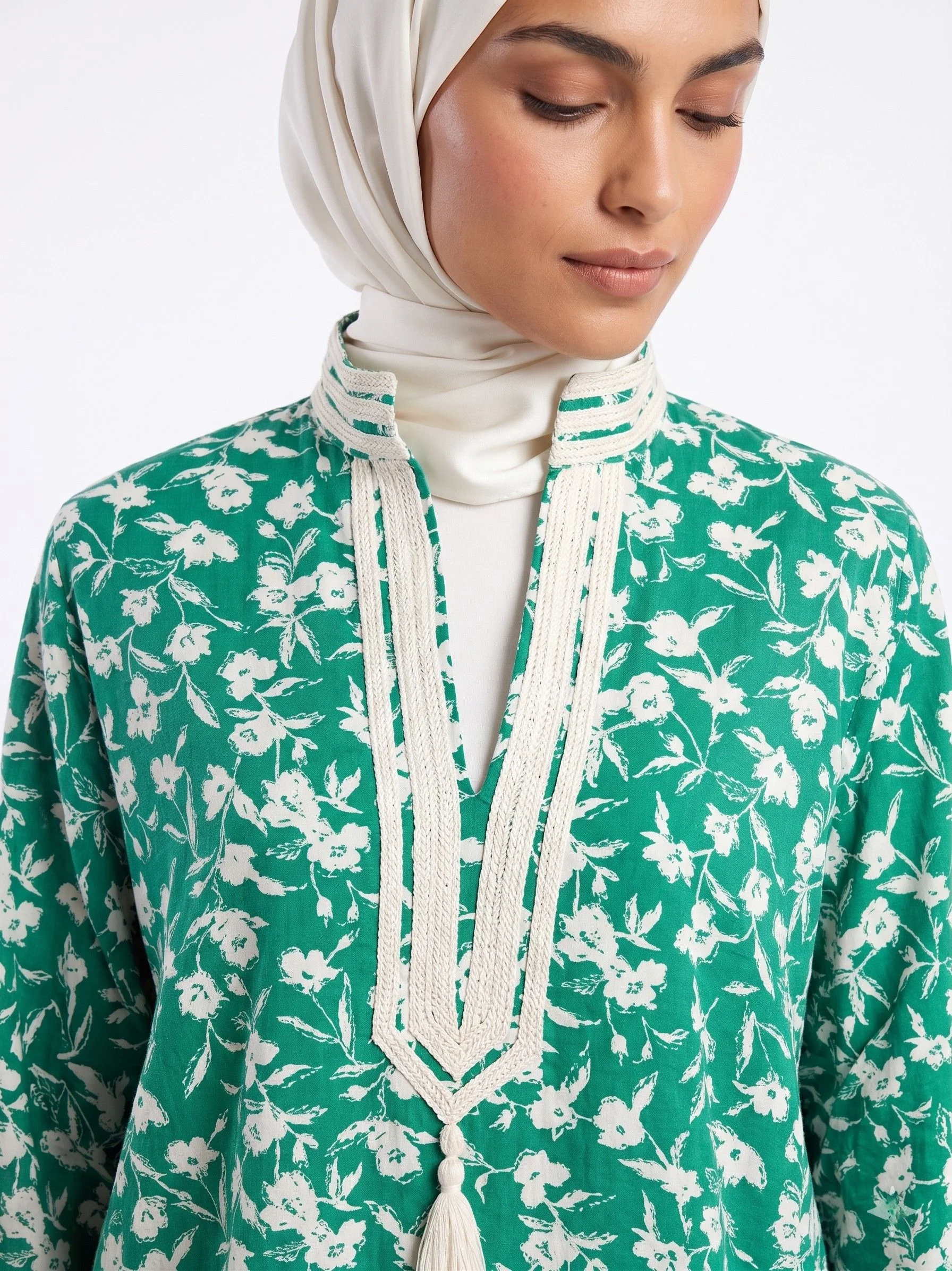 Chemise Coton Imprimé Floral Vert  Finition Sfifa Ivoire