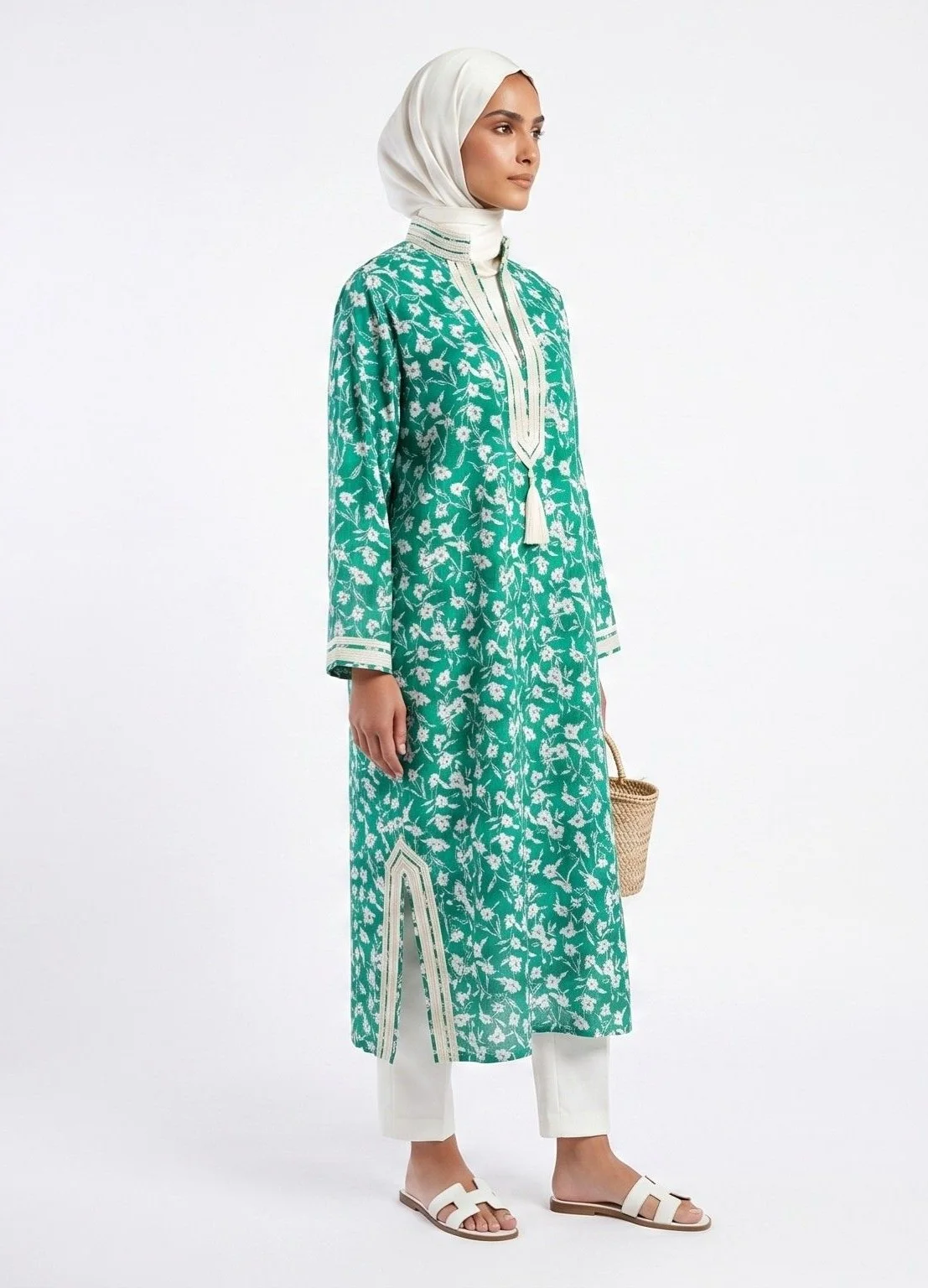 Chemise Coton Imprimé Floral Vert  Finition Sfifa Ivoire