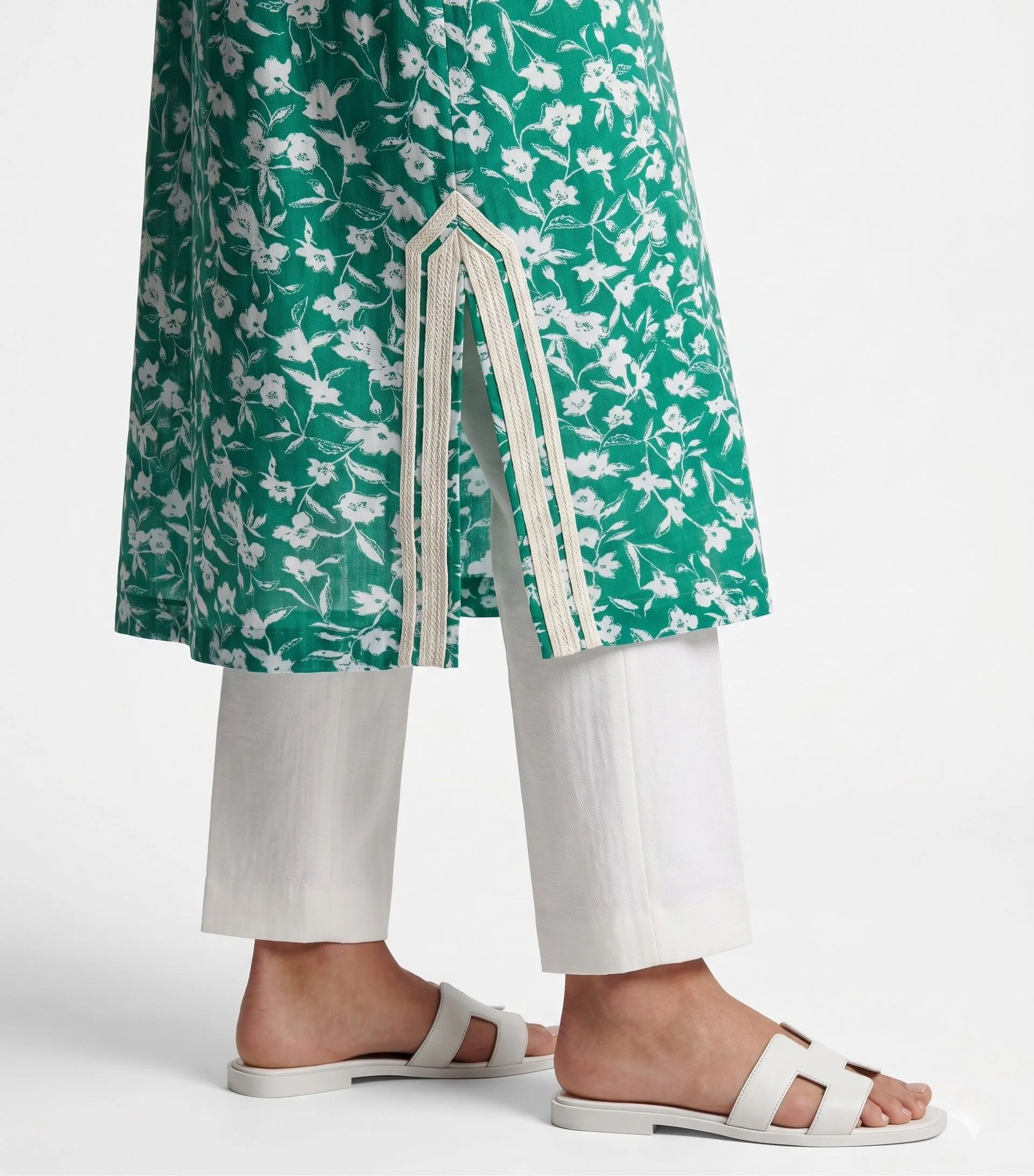 Chemise Coton Imprimé Floral Vert  Finition Sfifa Ivoire