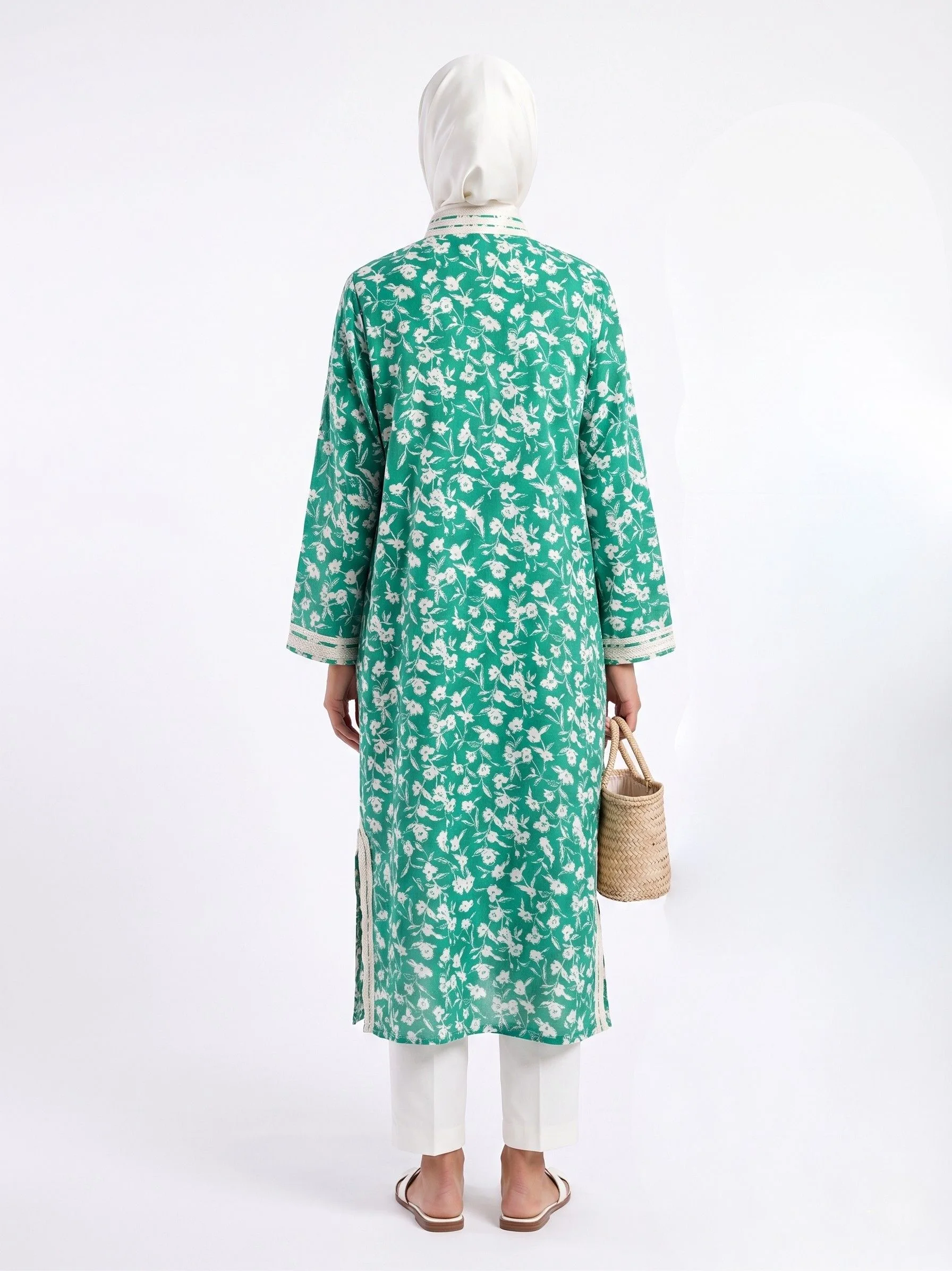 Chemise Coton Imprimé Floral Vert  Finition Sfifa Ivoire