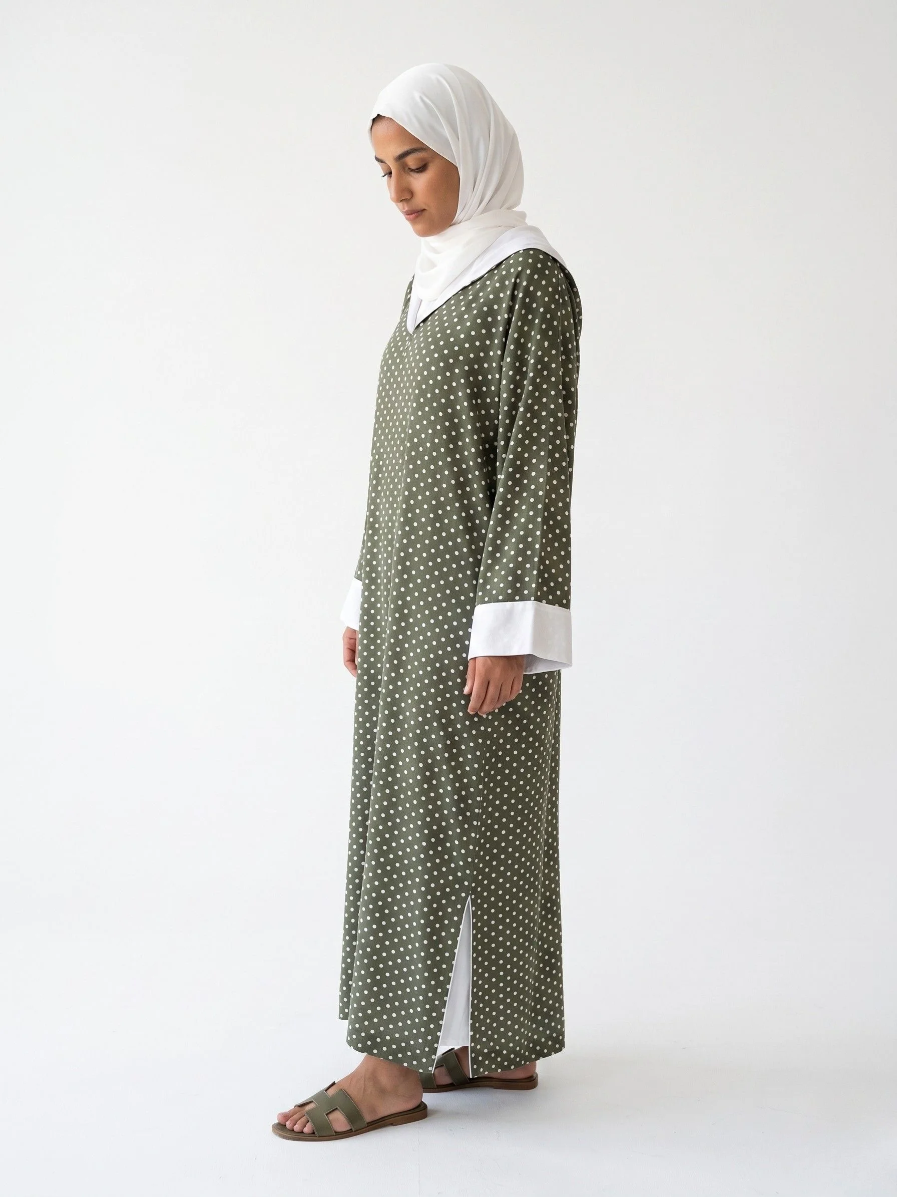 Djellaba Kaki à Pois Blancs