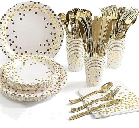 مجموعة أدوات مائدة للحفلات للاستعمال مرة واحدة من 200 قطعة - تقدم لعدد 25 ضيفًا- مناديل ورقية مع سكين بلاستيك ذهبي وشوكة وملعقة ومجموعة ماصات لحفلات الزفاف العائلية (لون أبيض وذهبي)