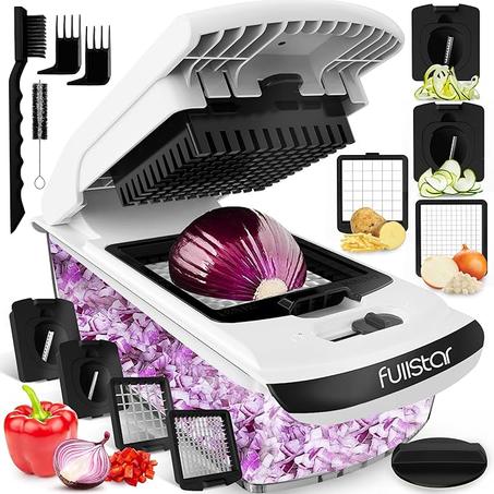 Picadora de verduras y espiralizadora Fullstar: picadora de alimentos con recipiente, rebanadora de frutas, accesorios y utensilios de cocina, artículos esenciales para el hogar (4 en 1, blan