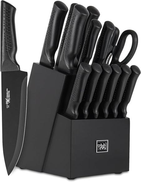 Juego de cuchillos de cocina de 15 piezas con bloque autoafilable, apto para lavavajillas, 6 cuchillos para carne, mango antideslizante, color negro