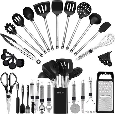 Juego de utensilios de cocina de silicona: 33 utensilios y cucharas antiadherentes. Espátula de silicona y acero inoxidable: las mejores herramientas de cocina y accesorios útiles para ollas 