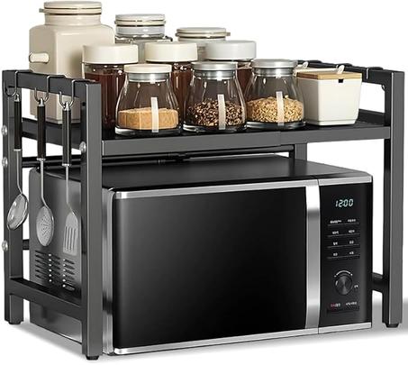 Soporte extensible para microondas Caliee, estante ajustable para encimera, ideal para microondas, vajilla y artículos de despensa, diseño compacto para cocina, gabinetes y encimeras (negro)