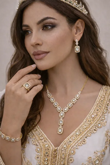 طقم مجوهرات فاخر بأحجار الزيركون بلون الابيض– 4 قطع