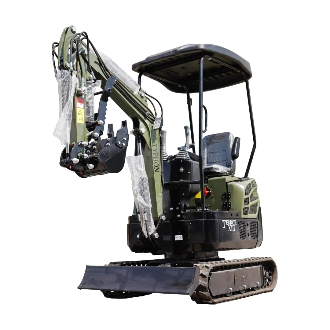 TYPHON Terror XIII Mini Excavator, 13.5 HP Gas Engine, Compact Tracked Digger with Canopy, Military Green