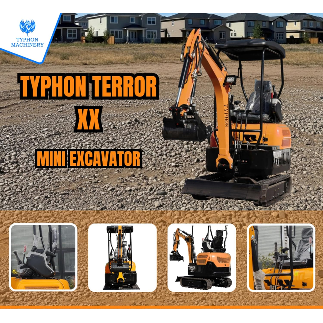TYPHON TERROR XX: 4,000 lb Mini Excavator with Kubota D902 Diesel Engine, Boom Swing, and Free Hydraulic Thumb