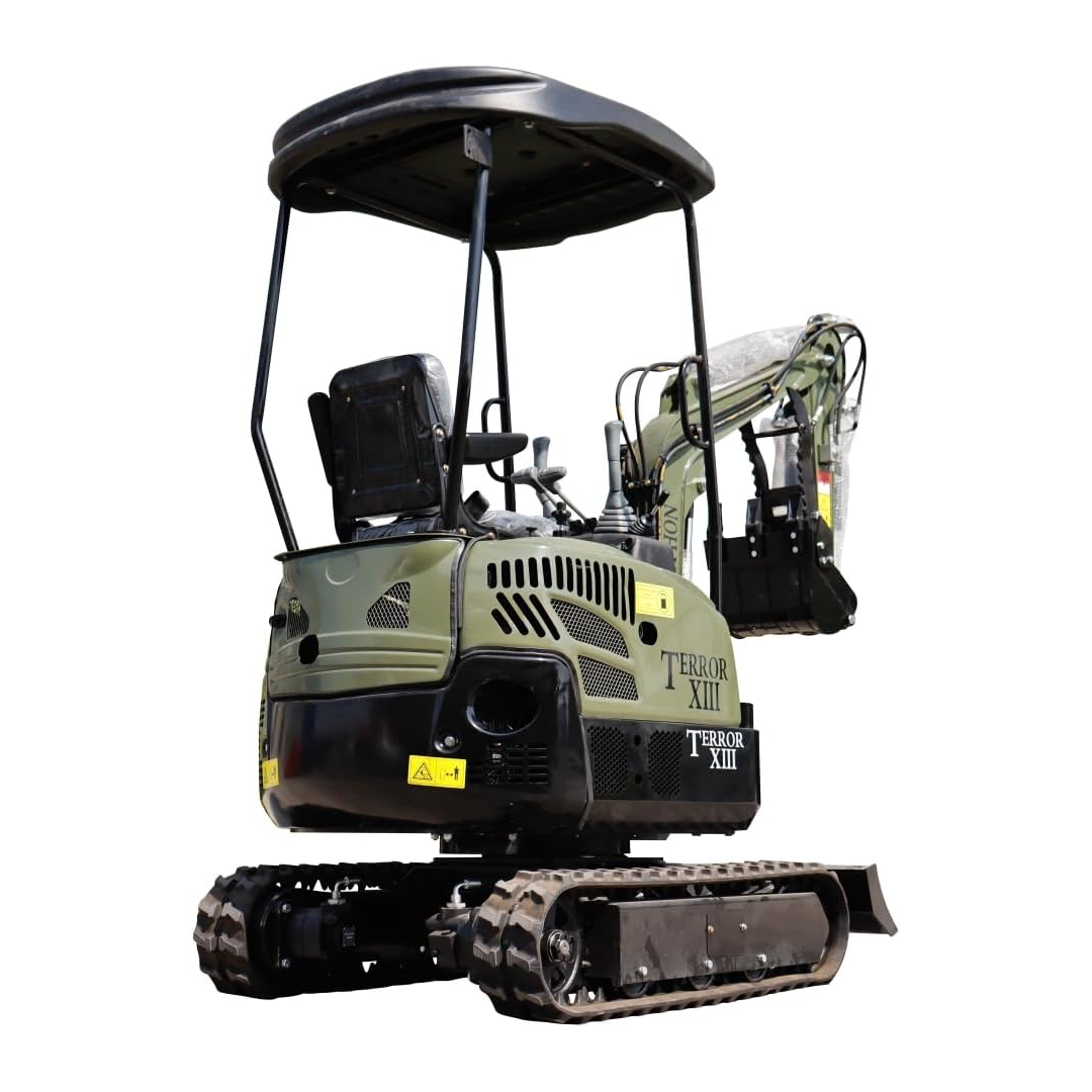 TYPHON Terror XIII Mini Excavator, 13.5 HP Gas Engine, Compact Tracked Digger with Canopy, Military Green