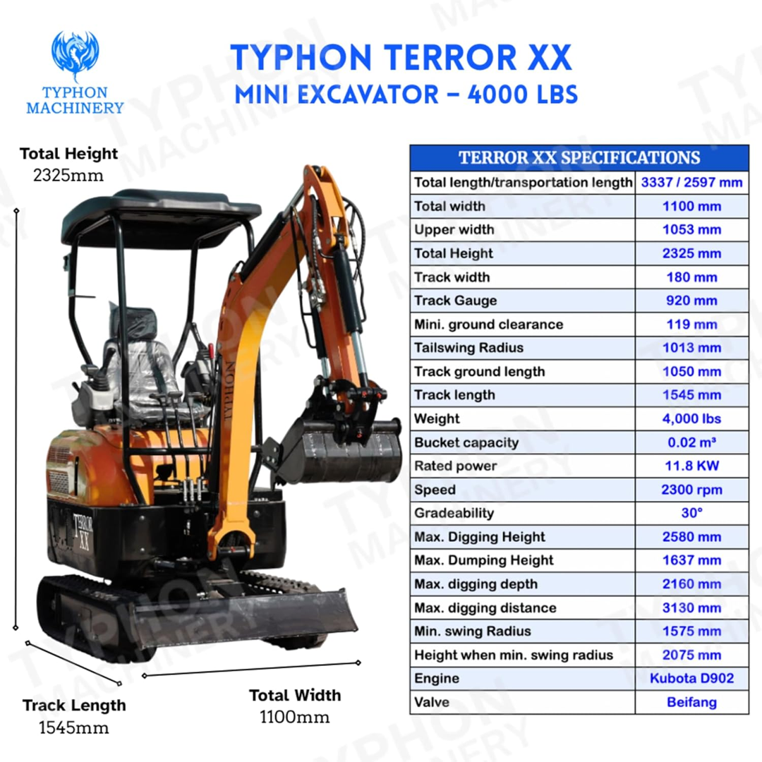 TYPHON TERROR XX: 4,000 lb Mini Excavator with Kubota D902 Diesel Engine, Boom Swing, and Free Hydraulic Thumb