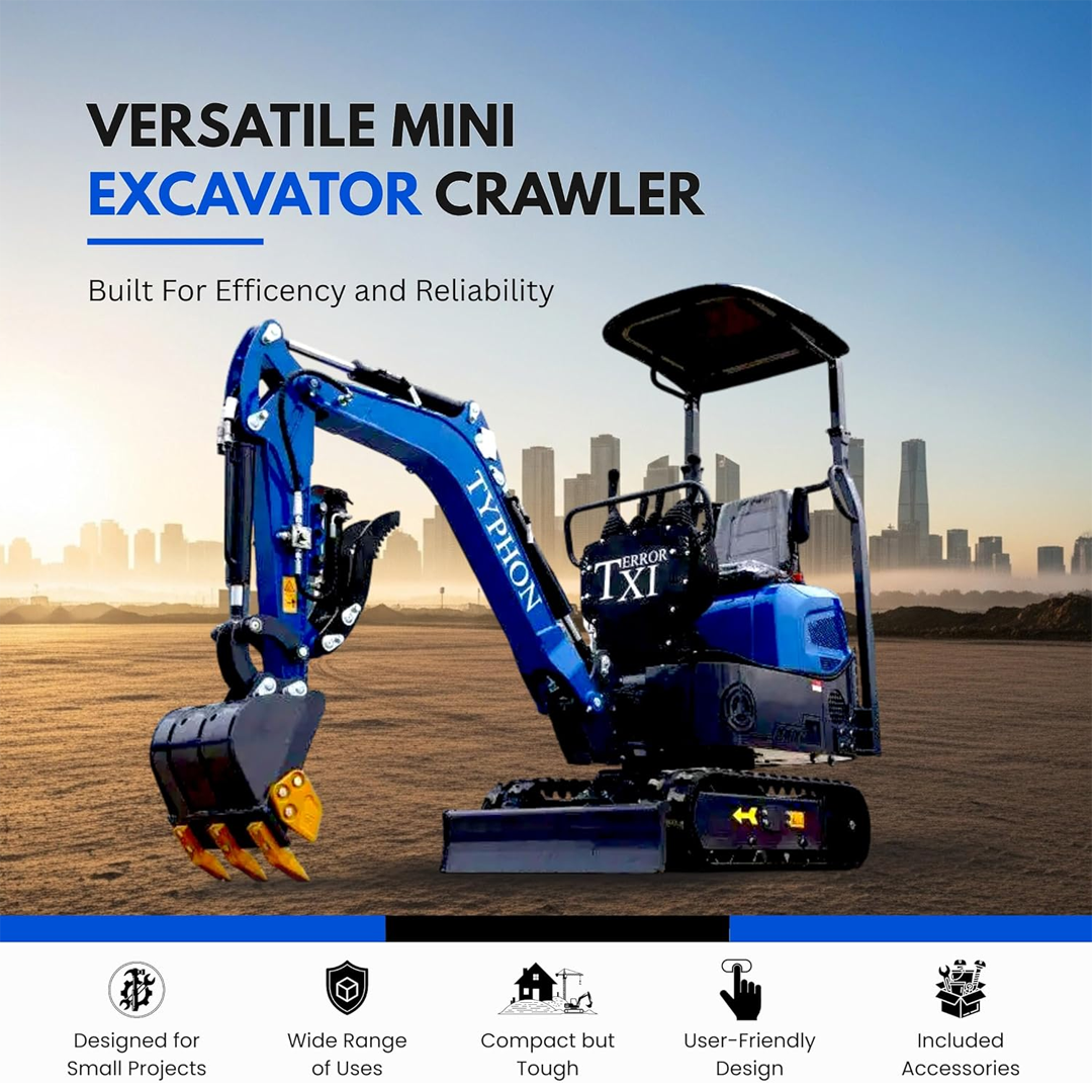 Terror XI Storm Mini Excavator – 1.1 Ton Trench Digger with Boom Swing, Hydraulic Thumb Clip, Bucket, Hydraulic Oil Cooler