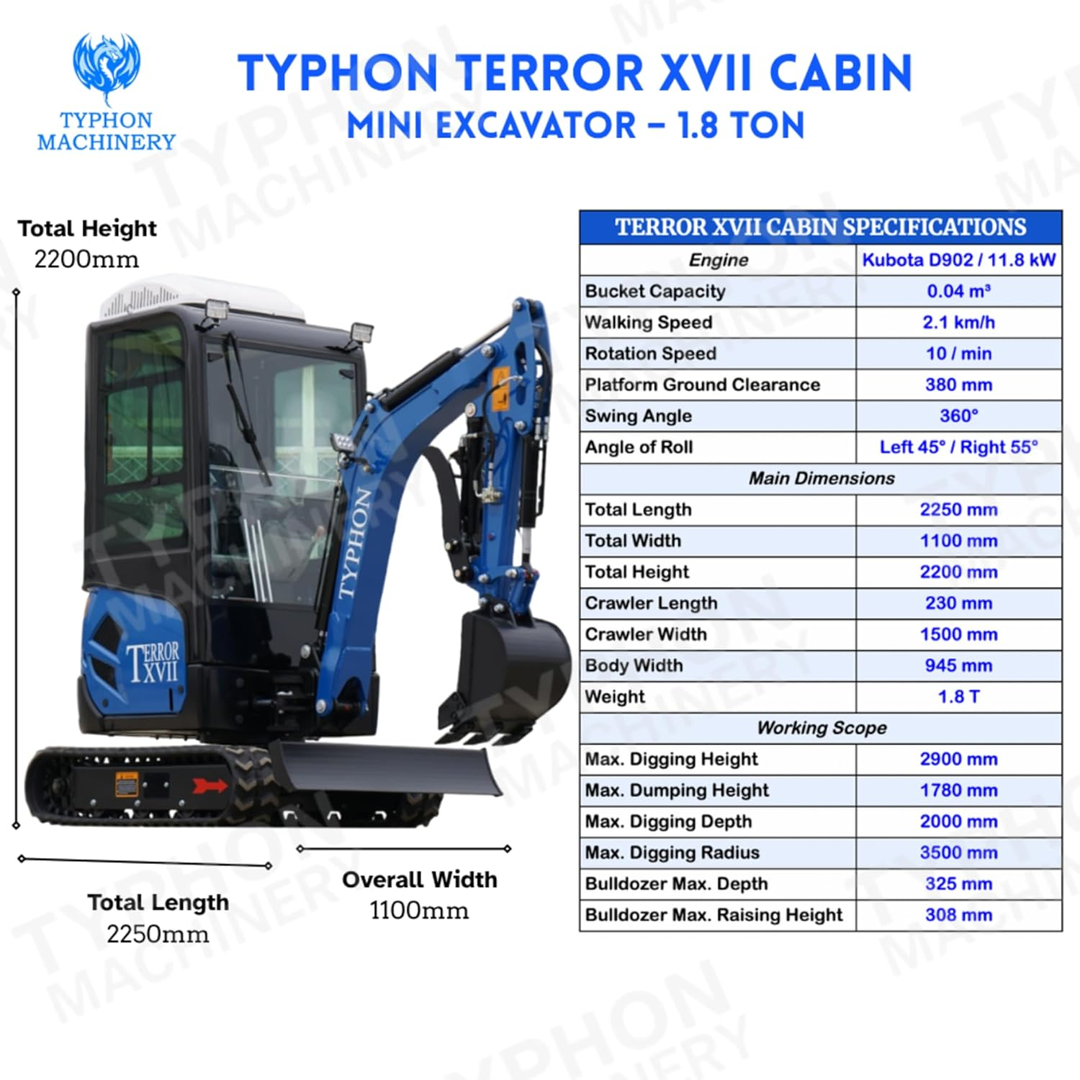 4,000 lb TYPHON TERROR XVII Mini Excavator Rubber Track with AC Heater Cabin and Kubota D902 Diesel Engine USA
