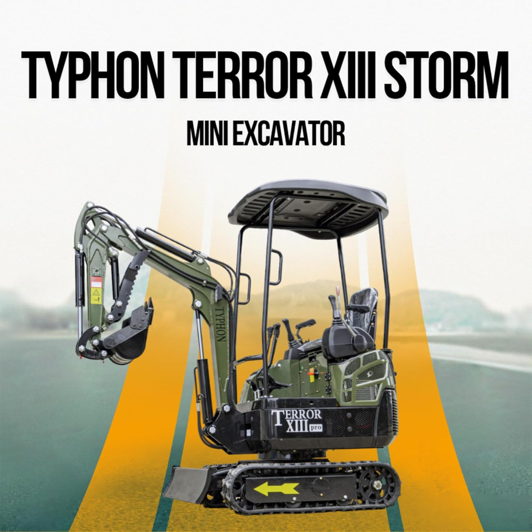 TYPHON Terror XIII Mini Excavator, 13.5 HP Gas Engine, Compact Tracked Digger with Canopy, Military Green