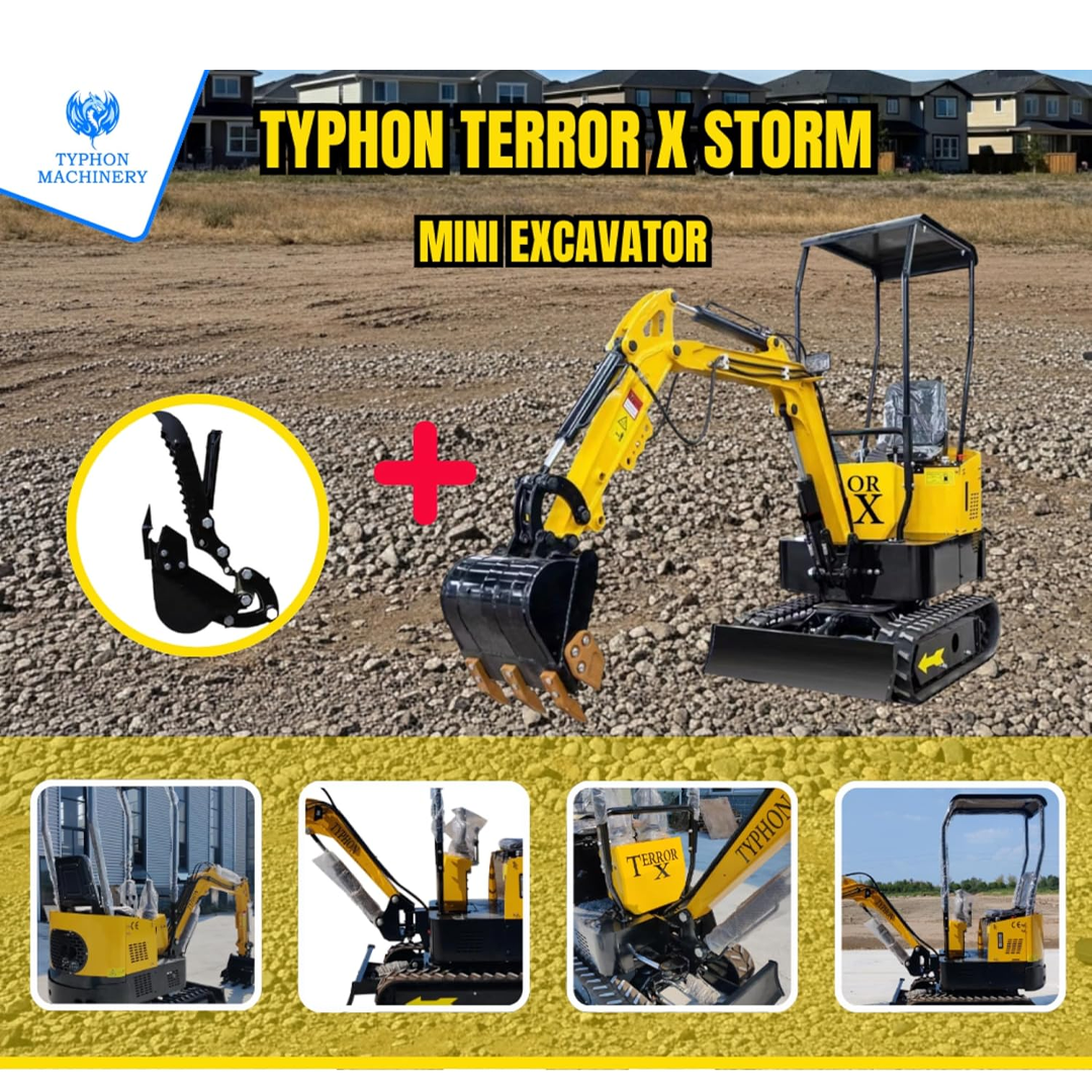 TYPHON Terror X Storm Mini Trencher – 1 Ton Trench Digger with Canopy – Mini Excavator Machine for Garden, Farms, Parks, Roads – Ideal for Digging, Drilling, Bull-Dozing