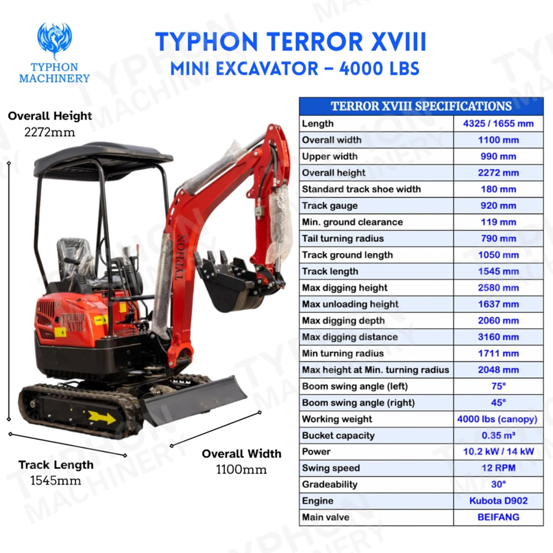 TYPHON TERROR XV STORM: 1.05 Ton Mini Excavator with 13.5 HP B&S Gas Engine, Hydraulic Thumb Clip, and Boom Swing