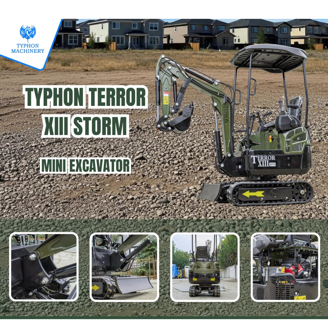 TYPHON Terror XIII Mini Excavator, 13.5 HP Gas Engine, Compact Tracked Digger with Canopy, Military Green