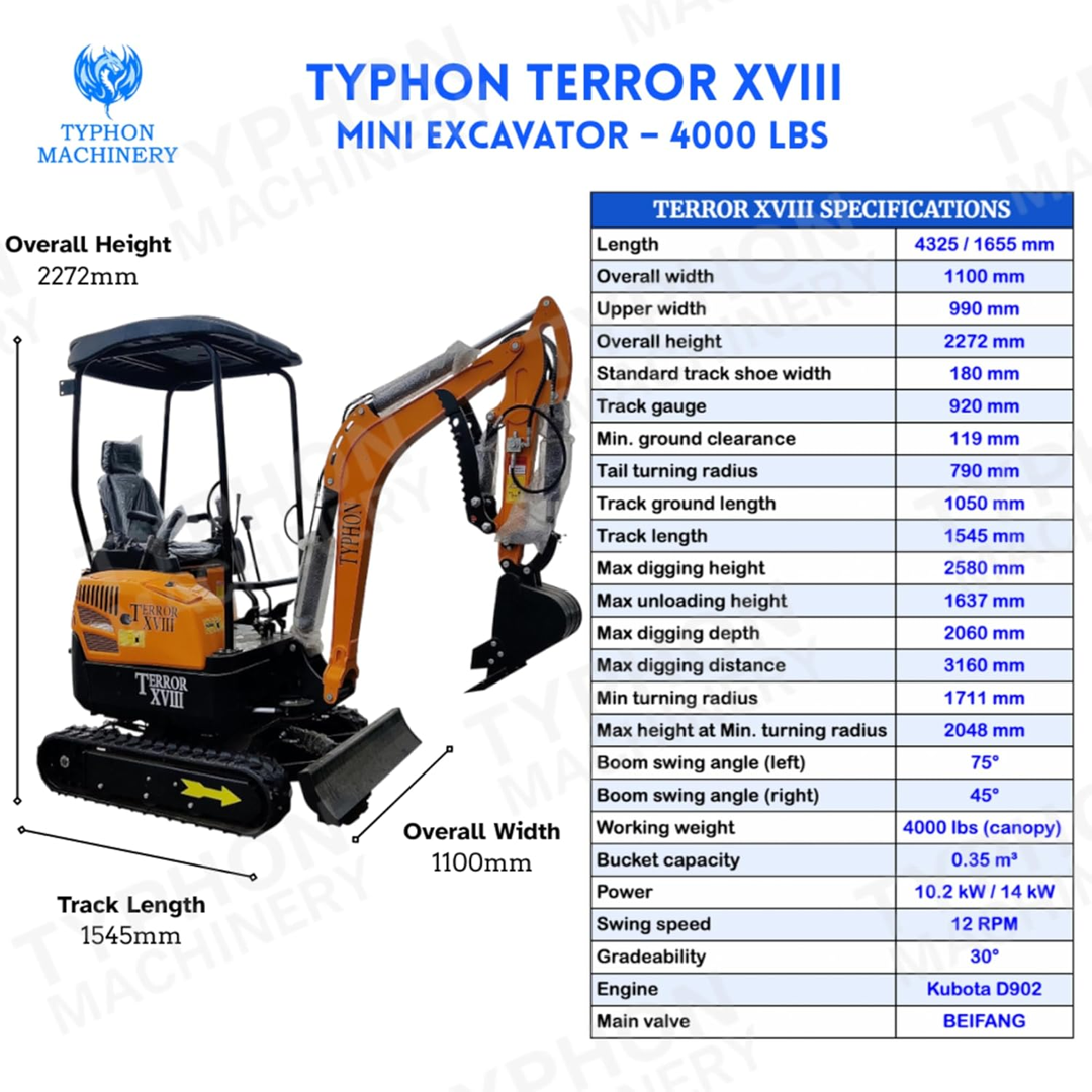 TERROR XVIII 4,000 lbs Mini Excavator - EPA Certified D902 Diesel Engine Machine for Garden, Farms, Parks, Roads – Ideal for Digging, Drilling, Bull-Dozing
