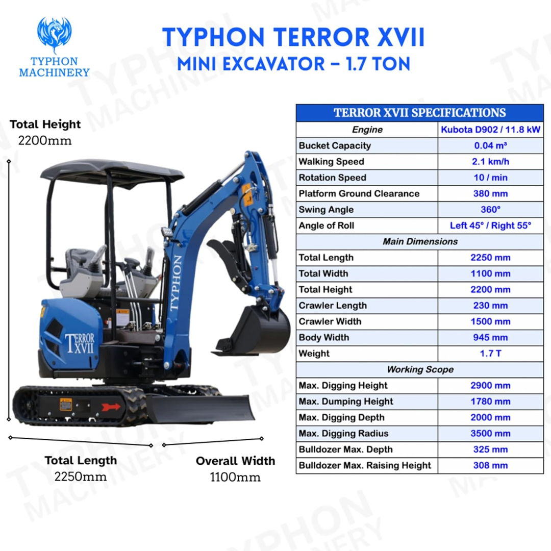 TYPHON TERROR XVII Lux Mini Excavator – 1.7 Ton Trench Digger with Boom Swing, Canopy, 400mm Wide Bucket