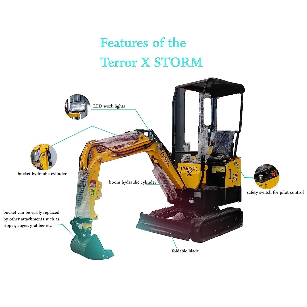 TYPHON Terror X Storm Mini Trencher – 1 Ton Trench Digger with Canopy – Mini Excavator Machine for Garden, Farms, Parks, Roads – Ideal for Digging, Drilling, Bull-Dozing
