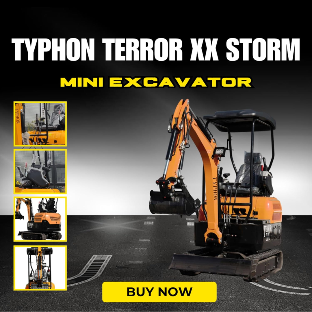 TYPHON TERROR XX: 4,000 lb Mini Excavator with Kubota D902 Diesel Engine, Boom Swing, and Free Hydraulic Thumb