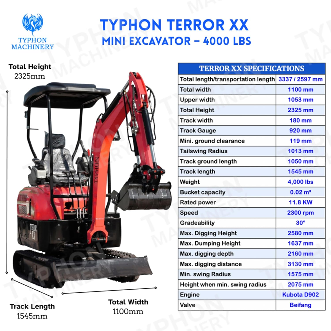 4,000 lb TYPHON Terror XX Mini Excavator Rubber Track with D902 Diesel Engine USA