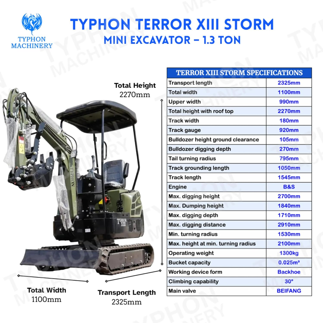 TYPHON Terror XIII Mini Excavator, 13.5 HP Gas Engine, Compact Tracked Digger with Canopy, Military Green