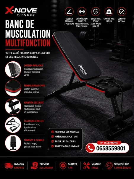 Entraînement complet : banc de musculation réglable noir avec élastiques
