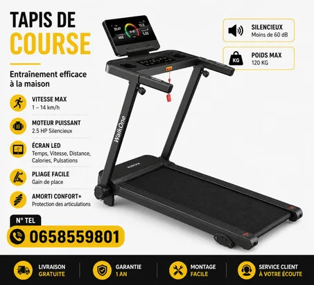 Tapis de course connecté – Écran tactile, Inclinaison & Analyse corporelle Vitesse 12KM/H
