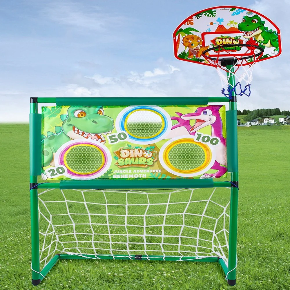 Ensemble Sportif Dinosaure 3-en-1 panier de basket, un but de football et un jeu de lancer de sacs !