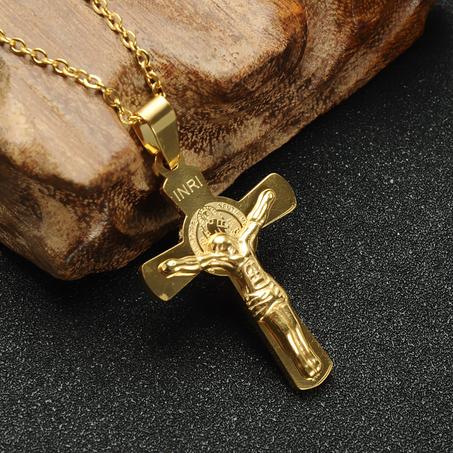 Collier Rétro et pendentif Crucifix - Plaqué Or en Acier Inoxydable
