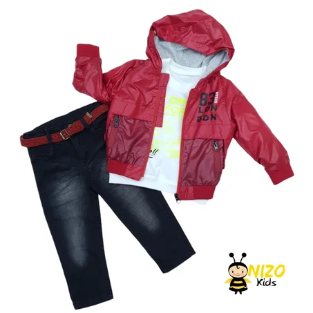 Ensemble garçon 3 pièces avec veste à capuche, t-shirt imprimé et jean avec ceinture