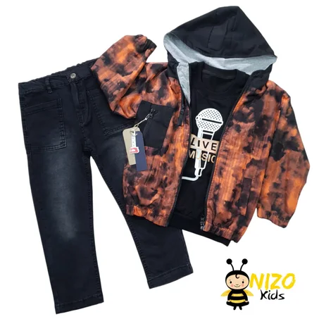 Ensemble garçon 3 pièces avec veste à capuche imprimée, sweat et jean