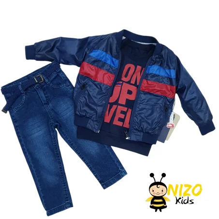 Ensemble garçon 3 pièces avec veste zippée, sweat imprimé et jean avec ceinture