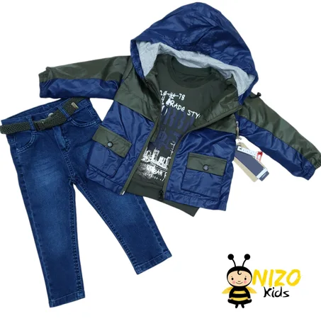 Ensemble garçon 3 pièces avec veste à capuche, sweat imprimé et jean avec ceinture