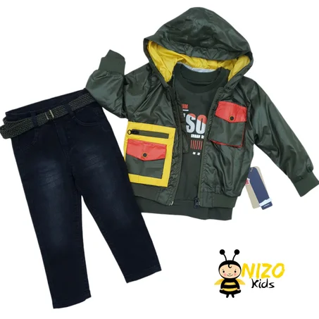 Ensemble garçon 3 pièces avec veste à capuche, sweat imprimé et jean avec ceinture