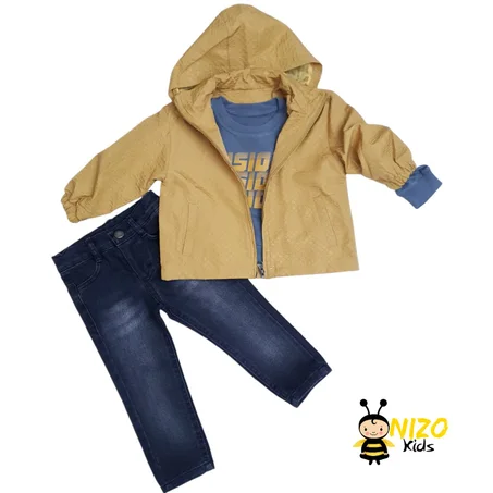 Ensemble garçon 3 pièces avec veste à capuche, sweat imprimé et jean