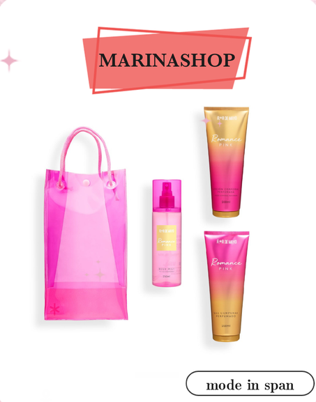 مجموعة العناية بالجسم Romance pink تحتوي على سبراي للجسم وجل استحمام و مرضب للجسم مع حقيبة