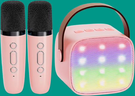 الة كاريوكي صغيرة للاطفال والكبار من واي ال ال، مكبر صوت بلوتوث محمول مع 2 ميكروفون لاسلكي، 18 لعبة اغنية محملة مسبقا، هدايا عيد ميلاد للبنات بعمر 4 و5 و6 و7 و8 سنوات فما فوق - متعددة الالوان