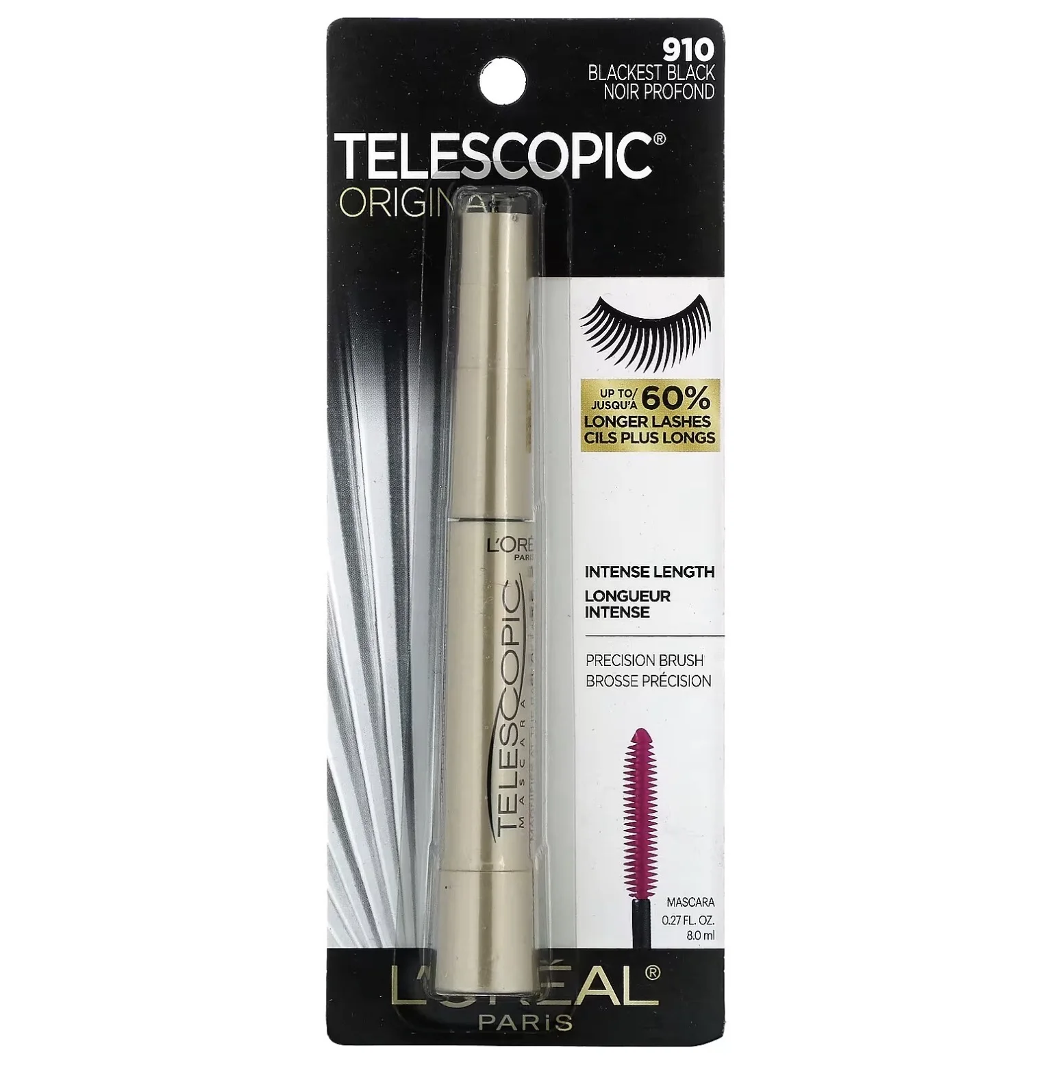 L’Oreal Paris Makeup Original Telescopic Mascara, Separating Mascara Volume and Length Formula, Washable, Blackest Black