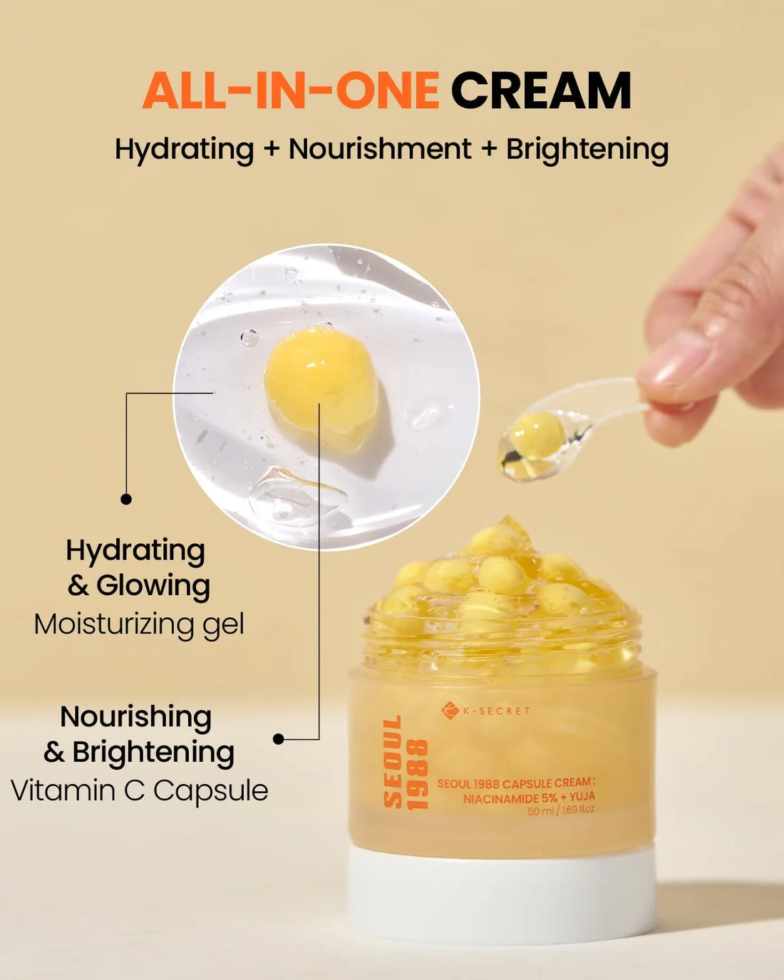 KSECRET SEOUL 1988 Capsule Cream Niacinamide 5% Yuja Brightening Moisturizer 50mlكريم مرطب ومفتح للبشرة من KSECRET SEOUL 1988 يحتوي على 5% نياسيناميد مع يوجا،
