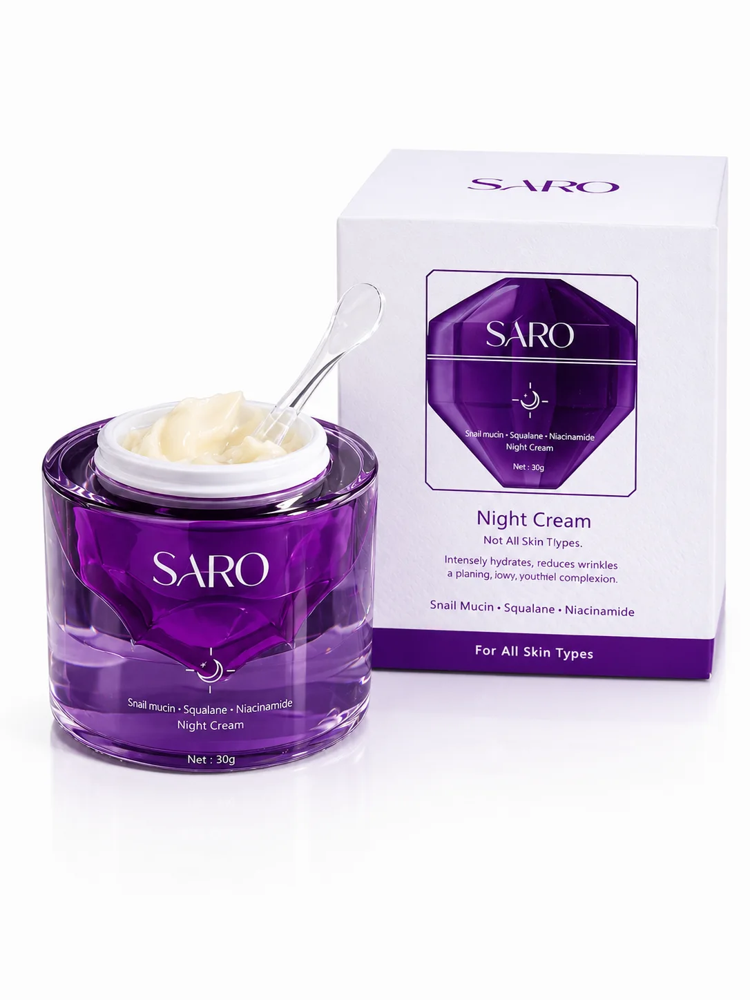 كريم سارو الليلي بالببتيدات والسكوالان وميوسين الحلزون لإصلاح البشرة وشدها SARO Night Cream – Advanced Repair Formula with Peptides, Squalane & Snail Mucin for Firming and Pore Tightening
