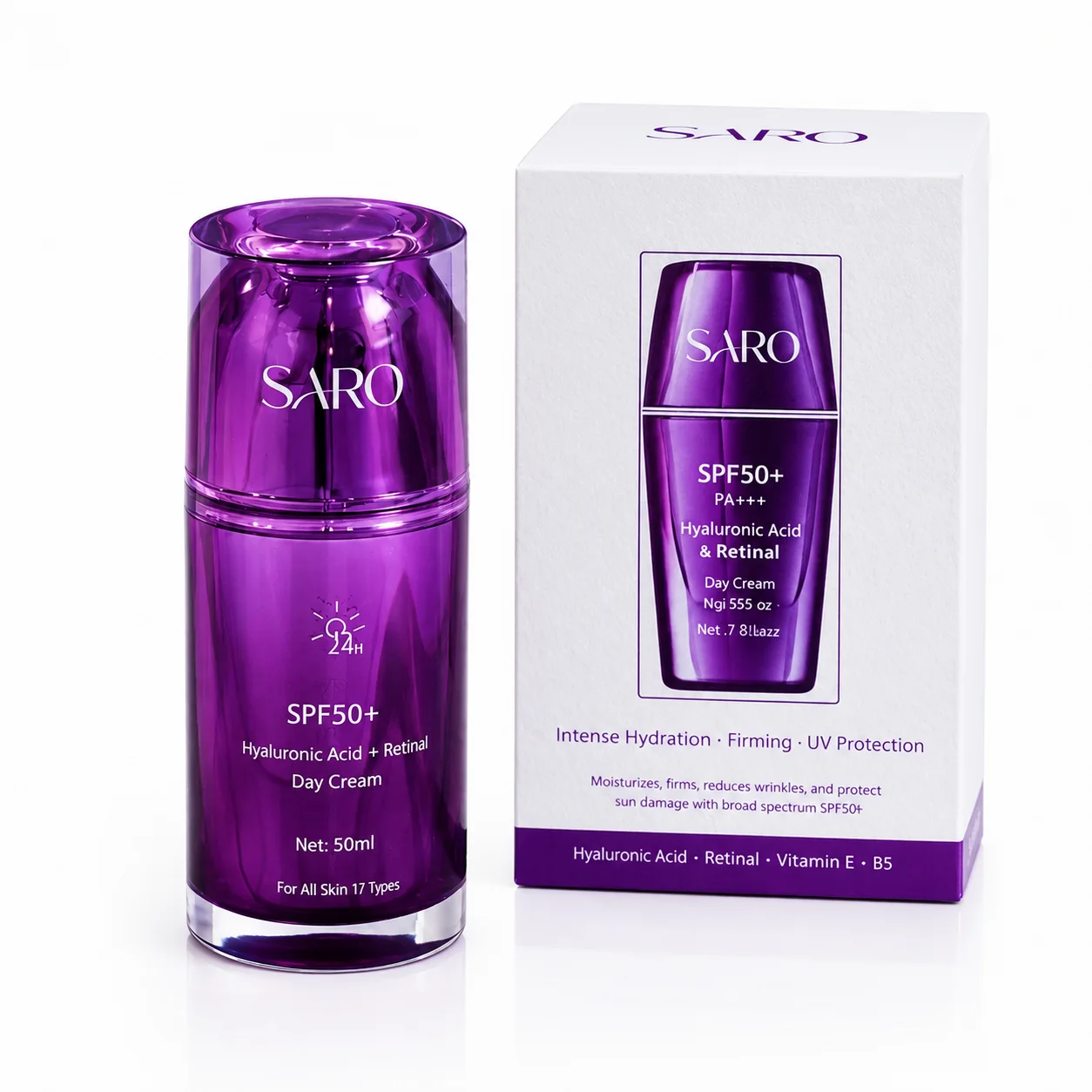 كريم سارو النهاري بحمض الهيالورونيك والريتينول مع SPF50+ SARO Day Cream with Hyaluronic Acid, Retinol, SPF50+ for All Skin Typesلترطيب البشرة وحمايتها – 50 م