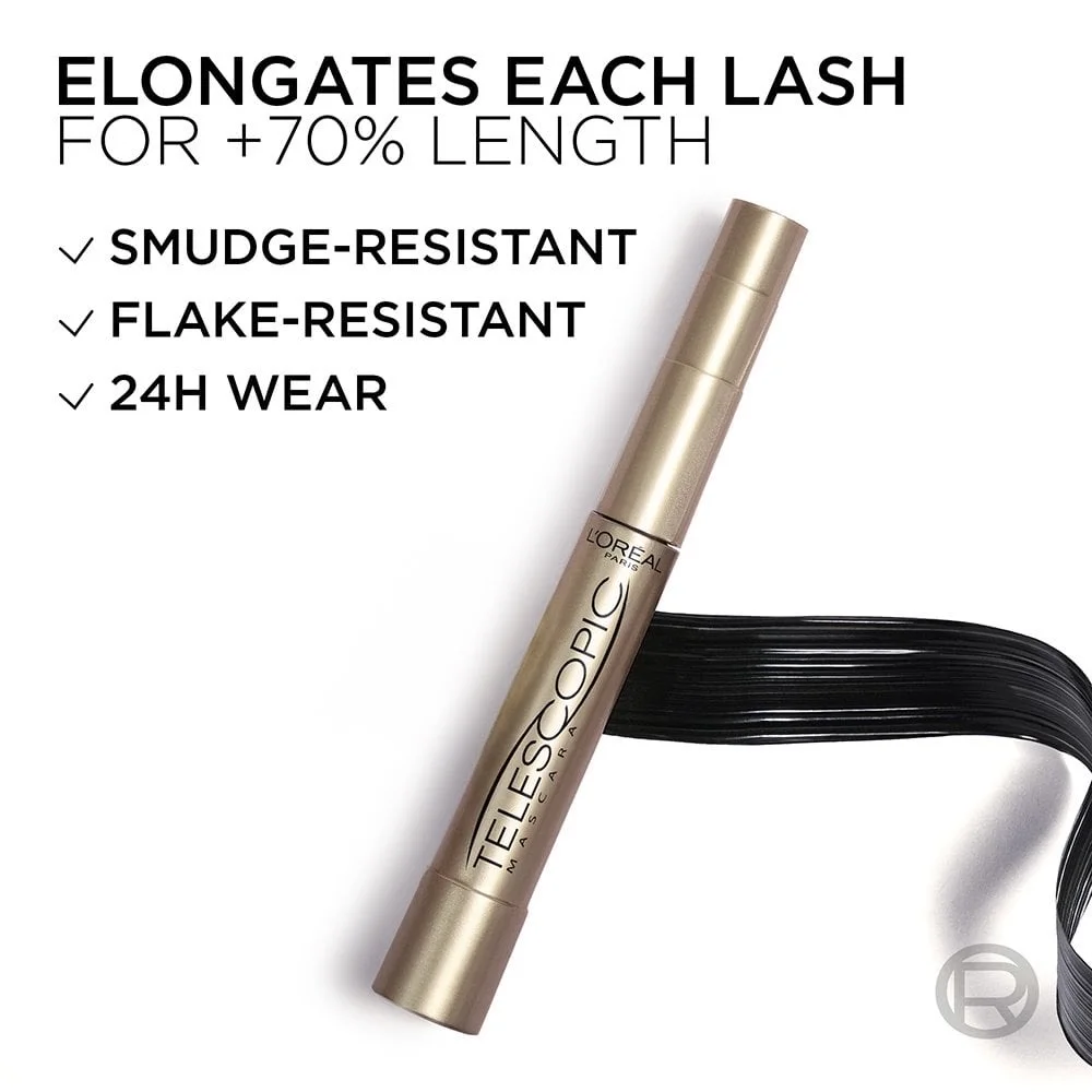 L’Oreal Paris Makeup Original Telescopic Mascara, Separating Mascara Volume and Length Formula, Washable, Blackest Black