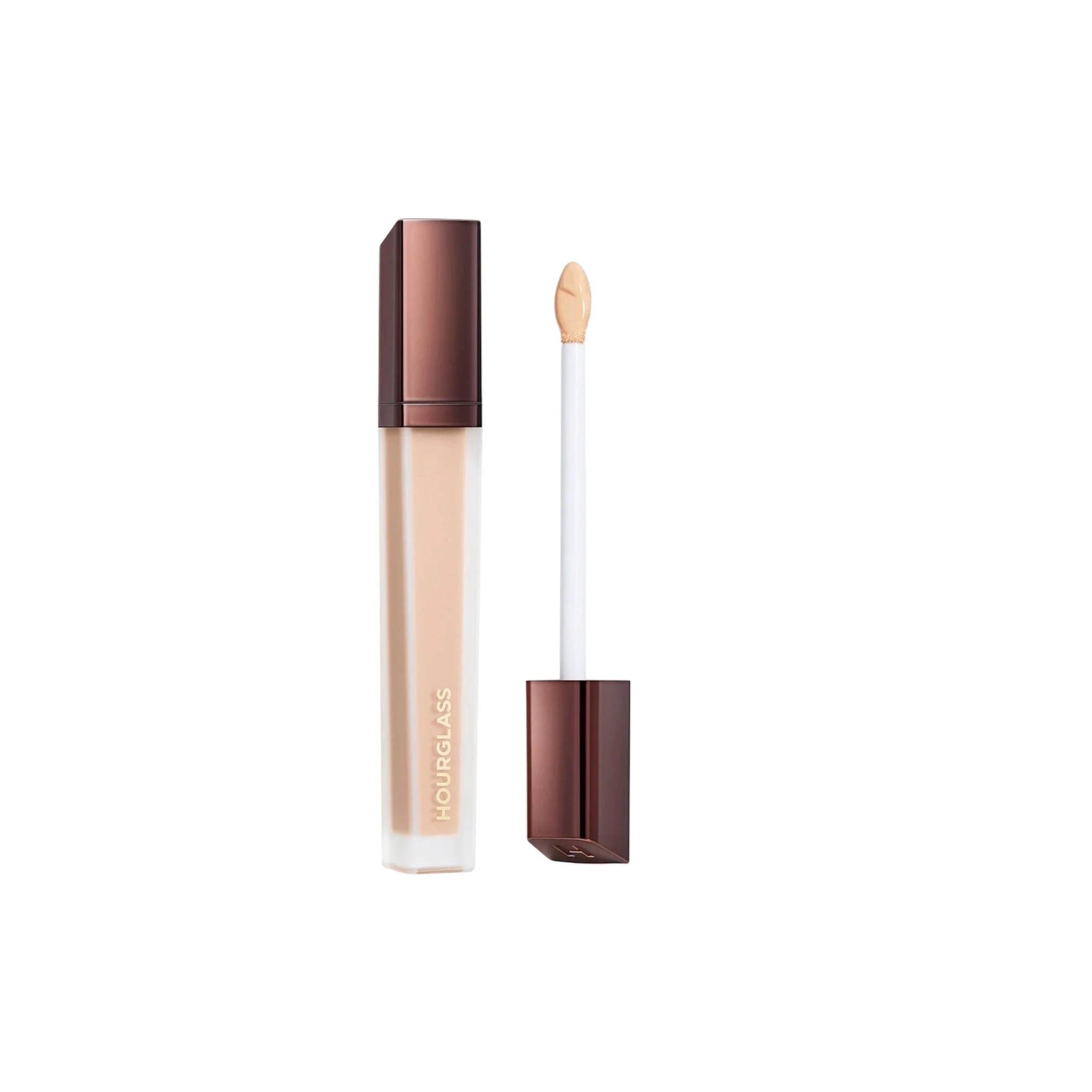 The Hourglass Vanish Airbrush Concealer features a distinctive metallic bronze cap with a slanted geometric design and a soft doe-foot applicator
