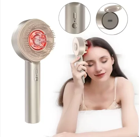 مشط مفرود بتقنية الميكروكهرباء مع ضوء أحمر، فرشاة مهتزة لتدليك فروة الرأس للعناية بالشعر ومُدَلِّك للرأس مُشَدِّد للبشرة.